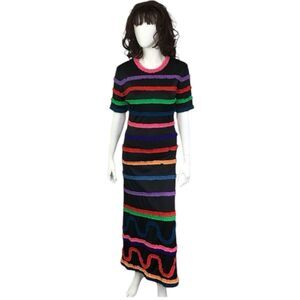 Almost Vintage Black Multicolor Stripe Wavy Short Sleeve Maxi Dress Size S